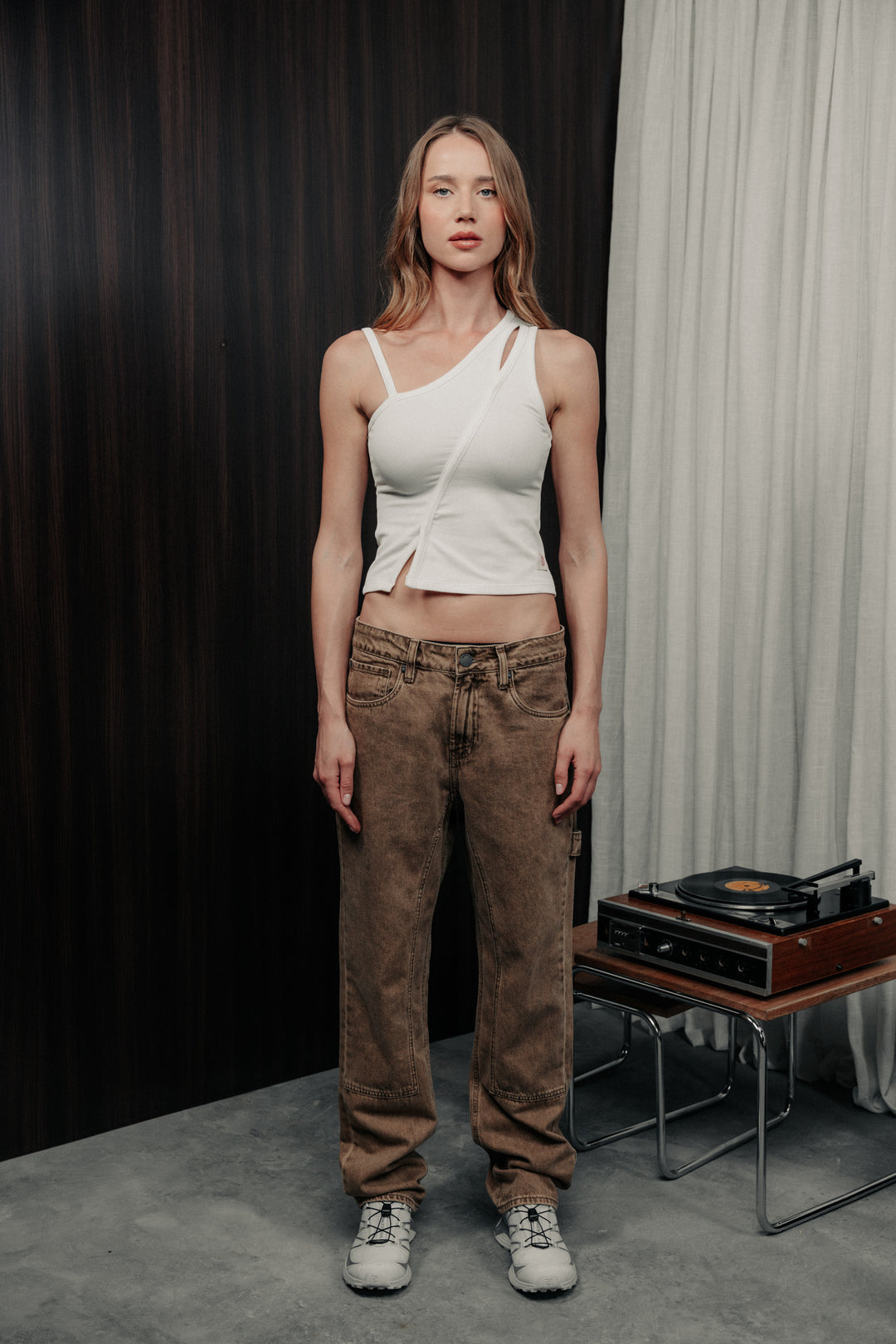 One shoulder ivory tank top