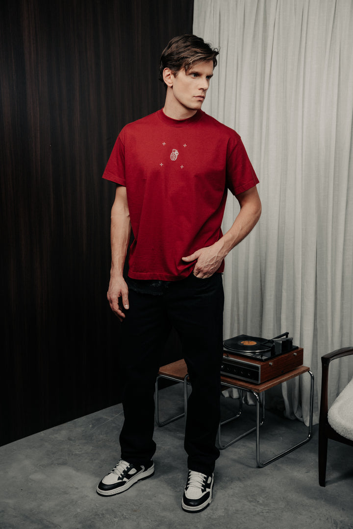 Loose fit t-shirt red wine in cotton