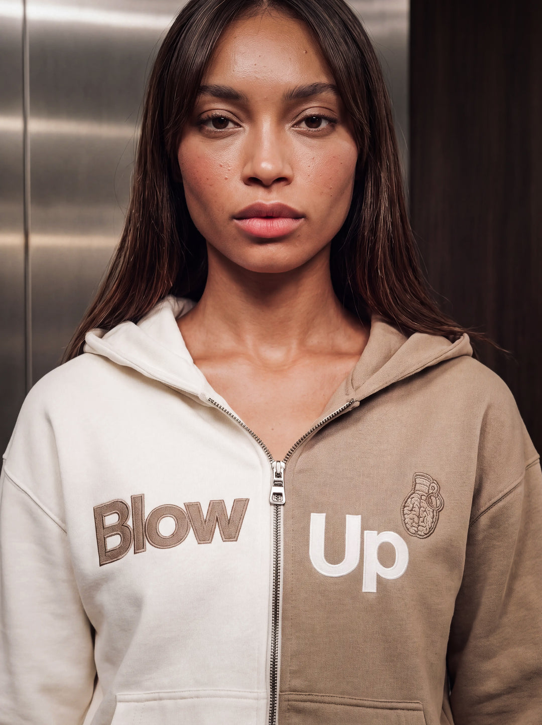 Cropped Hoodie Ivory &amp; Tan