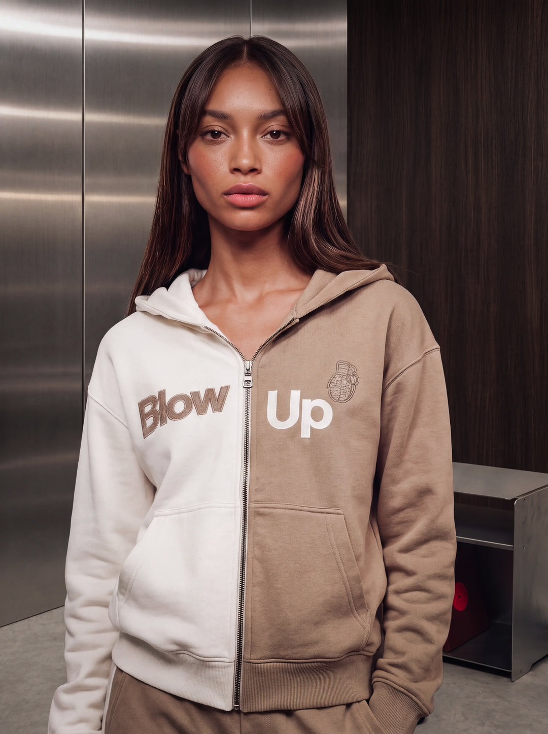 Cropped Hoodie Ivory &amp; Tan